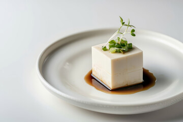 piece of tofu elegantly plated on a pristine white plate