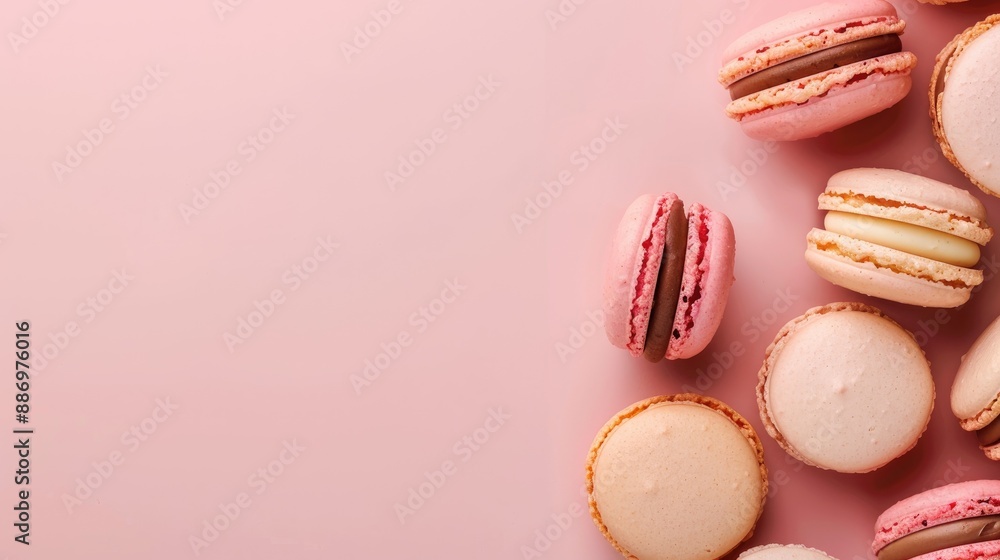 Poster macarons displayed on a pink surface in a flat lay style with space for text