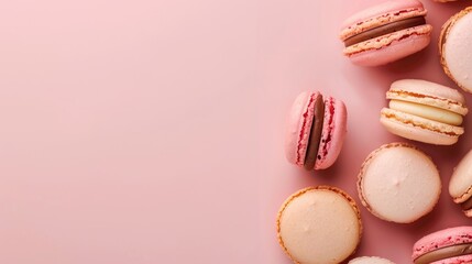 Obraz premium Macarons displayed on a pink surface in a flat lay style with space for text