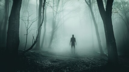 Fototapeta premium Solitary Figure Walking Through Dense Fog In A Forest