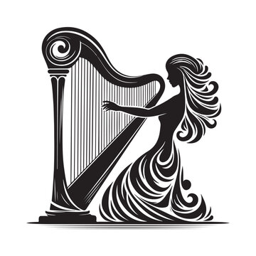 silhouette woman playing harp black and white clip art preview