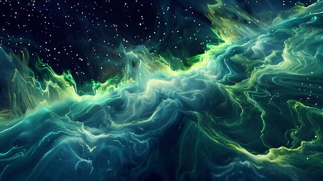 Neon waves of electric blue and lime green pulsating rhythmically against a dark cosmic backdrop. - Powered by Adobe