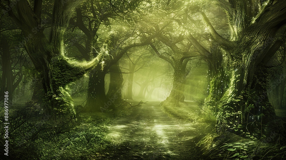 Poster a mystical forest path leading through ancient trees with sunlight filtering through the canopy