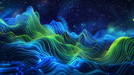 Neon waves of electric blue and lime green pulsating rhythmically against a dark cosmic backdrop.