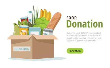 Food in donation box on white background. Web banner