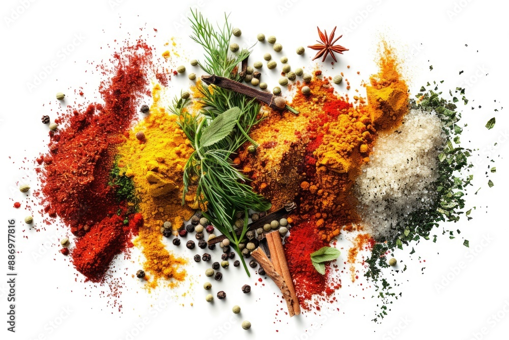 Poster a colorful arrangement of various spices and herbs on a white surface, perfect for use in cooking or