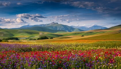 Fototapeta premium Scenic High-Altitude Plateau: Wildflower Fields Framed by Distant Peaks. Generative AI