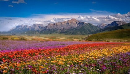 Fototapeta premium Expansive Plateau with Vibrant Flower Fields and Distant Mountain Range. Generative AI