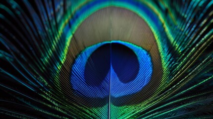 Naklejka premium 8K resolution close-up of a peacock feather, iridescent blues and greens shimmering, minute barbules in tack-sharp focus, exquisite detail of eye pattern, high dynamic range