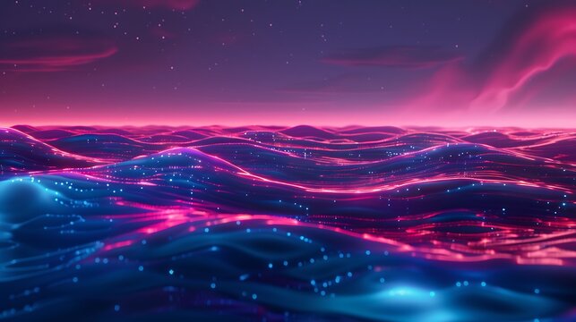 Neon waves pulsating with energy, casting a futuristic glow against a midnight sky - Powered by Adobe