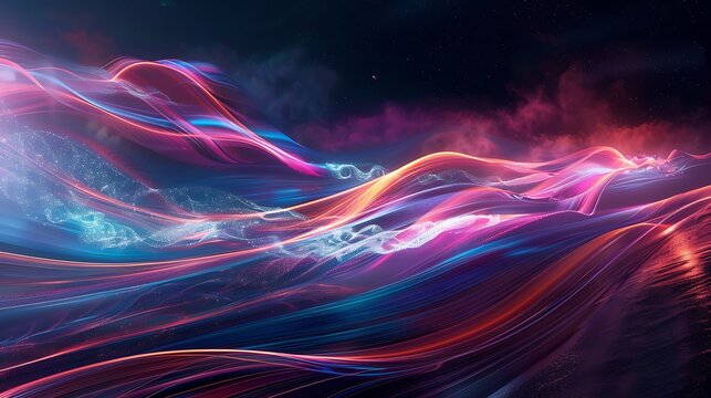 Neon waves pulsating with energy, casting a futuristic glow against a midnight sky - Powered by Adobe