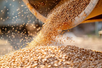 loading grain into a truck close-up. Soybeans are loaded for transportation. Concept of harvesting. Slow mo Close up. Beautiful simple AI generated image in 4K, unique.