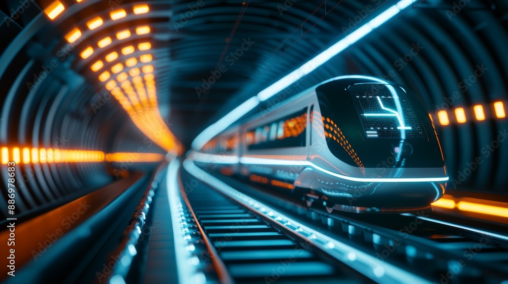 Poster a futuristic hyperloop station with bioluminescent trains and holographic route maps promoting high-