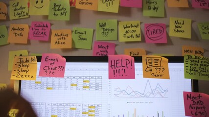 Hand of male placing couple sticky notes: one with insciption Help and another with sad smiley. Concept of problems with time organization and planning