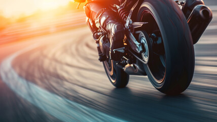 Rear view of a sports motorcycle racing on a race track with speed motion blur.
