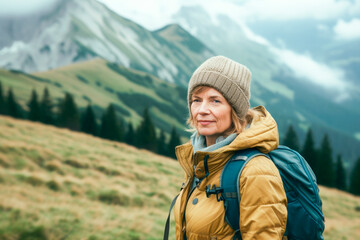 Middle aged woman in the mountains. True life in nature.