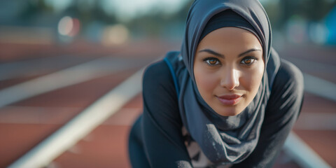 A woman wearing a black hijab and a grey sportswear is posing on a stadium track. Muslim female athlete runner.