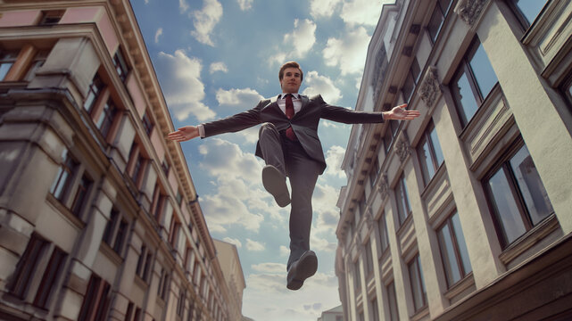 A businessman jumps along a city street. A man in a business suit floating in the air. The concept of freedom or a successfully closed deal.