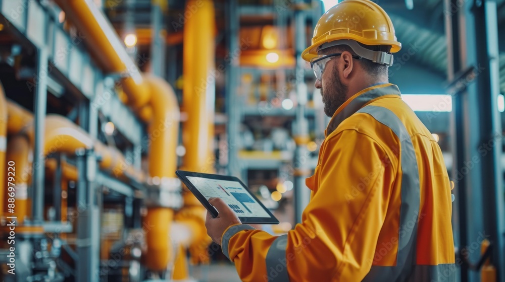 Poster A man in a yellow jacket is looking at a tablet while standing in a factory