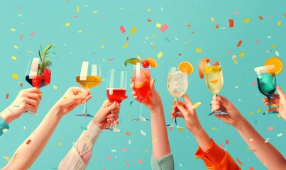 Hands holding colorful drinks in a celebratory toast with confetti falling in a festive setting