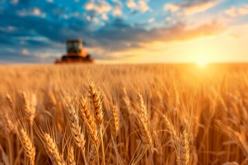 Obraz premium New Wheat Harvest - Food Shortage Fears Rise. Combine Harvester Revolving Reel Harvesting Wheat Crops In Agricultural Field.. Beautiful simple AI generated image in 4K, unique.