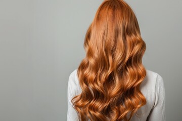 Naklejka premium Back of woman's head with long, red black wavy straight hair in an elegant salon setting. The focus is on her hairstyle and color Perfectly styled blonde curls, showcasing hair beauty and care.