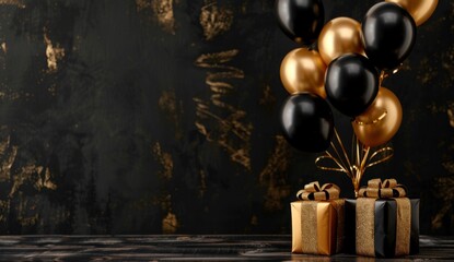 Black and Gold Balloons with Gift Boxes on Dark Wooden Surface