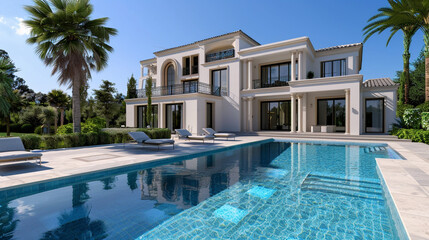 Fototapeta premium Contemporary villa with elegant architecture and a pristine pool.
