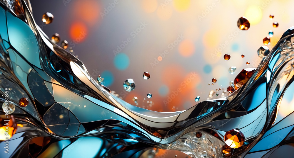 Sticker Abstract liquid wave with floating gemstones