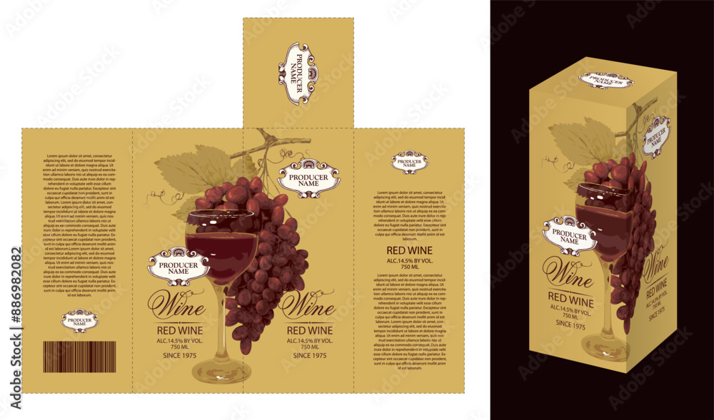 Poster vector mockup template of cardboard packaging box for red wine with realistic pattern of grapes and 