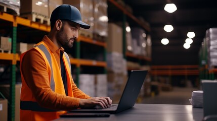 warehouse stock engineer man scanning package with barcode scanner check goods in transportation and distribution in warehouse.logistic Industrial and business export. Stock manager using laptop