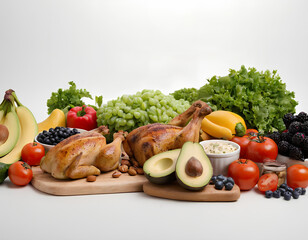 Balanced Meal Arrangement: Roasted Chicken with Fresh Fruits and Vegetables