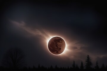 Huge moon over the forest, night dark landscape