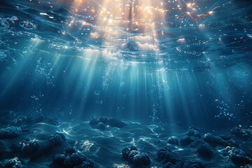 Fototapeta premium Abstract underwater scenes featuring sunbeams and water ripples.