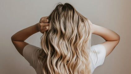 Naklejka premium Back of woman's head with long, red black wavy straight hair in an elegant salon setting. The focus is on her hairstyle and color Perfectly styled blonde curls, showcasing hair beauty and care.