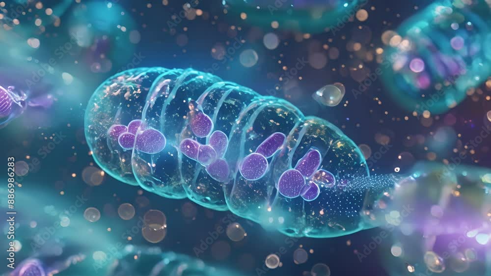 Poster focusing on a single cell we can see the presence of large rounded structures known as mitochondria 