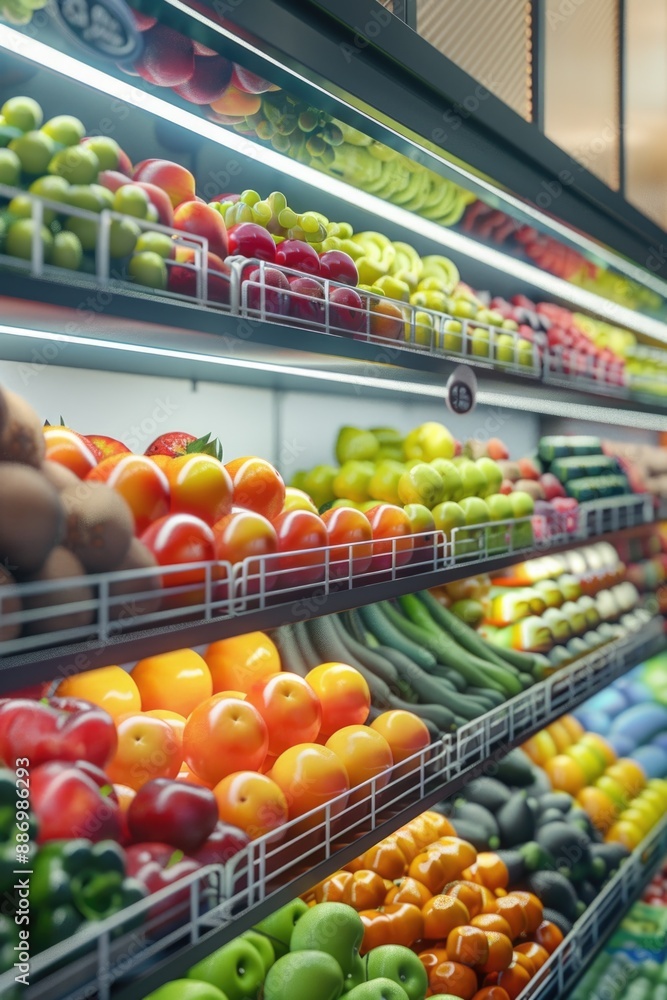 Poster a vibrant display of fresh fruits and vegetables in a grocery store produce section, ideal for use i