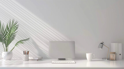 A desk in a home office is an example of minimalism and functionality. It consists of a simple desk with a laptop and a few notebooks. The wall behind me is clean, without unnecessary decorations
