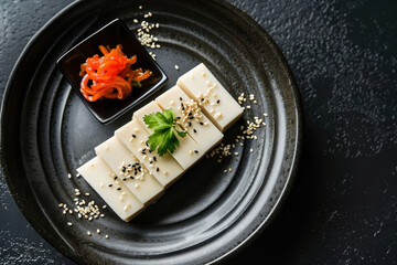 Beautifully arranged tofu dish on a matte black plate