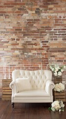 A white brick wall features a rustic wooden sofa with plush white cushions. Green leafy vines with white flowers cascade down from a shelf above, creating a cozy and inviting atmosphere