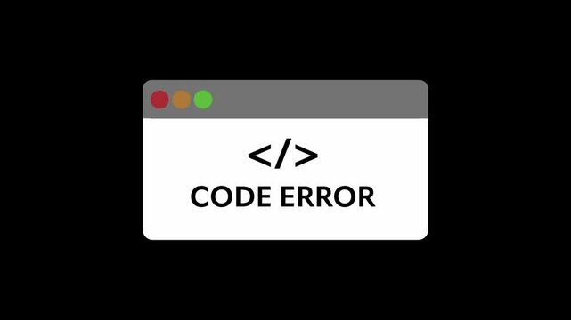 Animated pop up box appearing on screen. &bdquo;Code error&ldquo; text and html symbol underneath. Browser code error pop up message on black background.