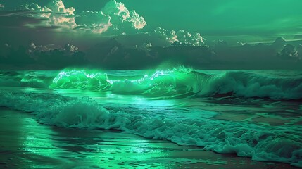 Oceanic waves illuminated by neon lights of emerald and teal