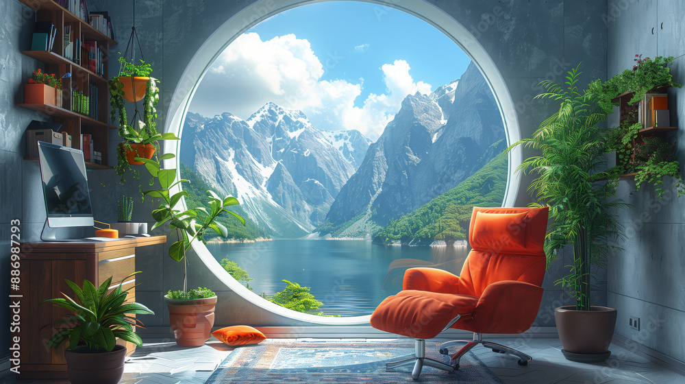 Poster a contemporary office with a view of mountains and a lake from a large round window. an orange armch