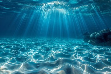 A clipart depicting underwater scenery with sunlight rays illuminating the ocean floor. High-definition wallpaper.