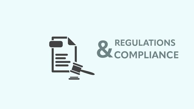Document and gravel icon appearing on screen. &bdquo;Regulations and compliance&ldquo; text to the right. Compliance themed animation.