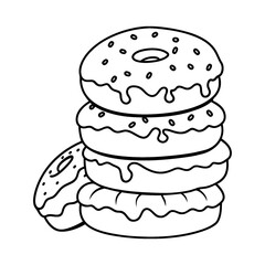 A coloring page with a black-and-white line design of a stack of donuts.