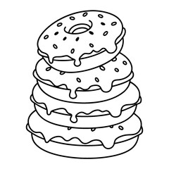 A coloring page with a black-and-white line design of a stack of donuts.