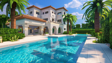 Fototapeta premium Contemporary villa with elegant architecture and a pristine pool.