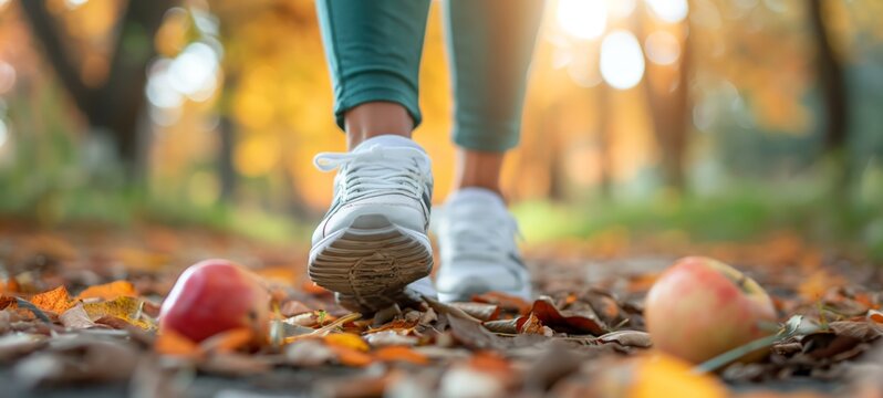 close up woman legs relax walking in autumn apple orchard with ripe apples fallen on ground, fall season scenery outdoor activity, explore nature trail, 