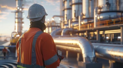 An Industrial Engineer is conducting inspection of oil refinery pipelines during sunset